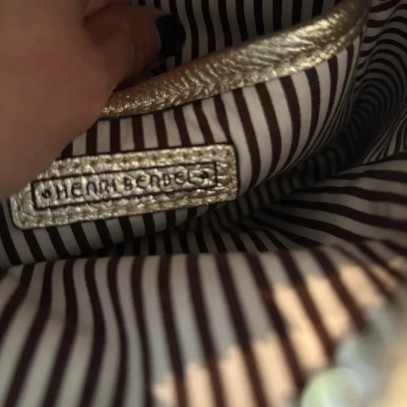 Henri Bendel Backpack Brown Stripe Lining Classic Gold Metallic EC - Picture 7 of 8